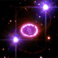 Two decades ago, astronomers spotted one of the brightest exploding stars in more than 400 years.<br /><br />Since that first sighting, the doomed star, called Supernova 1987A, has continued to fascinate astronomers with its spectacular light show. NASA's Hubble Space Telescope is one of many observatories that has been monitoring the blast's aftermath.<br /><br />This image shows the entire region around the supernova. The most prominent feature in the image is a ring with dozens of bright spots. A shock wave of material unleashed by the stellar blast is slamming into regions along the ring's inner regions, heating them up, and causing them to glow. The ring, about a light-year across, was probably shed by the star about 20,000 years before it exploded.<br /><br />Astronomers detected the first bright spot in 1997, but now they see dozens of spots around the ring. Only Hubble can see the individual bright spots. In the next few years, the entire ring will be ablaze as it absorbs the full force of the crash. The glowing ring is expected to become bright enough to illuminate the star's surroundings, providing astronomers with new information on how the star expelled material before the explosion.<br /><br />The pink object in the center of the ring is debris from the supernova blast. The glowing debris is being heated by radioactive elements, principally titanium 44, created in the explosion. The debris will continue to glow for many decades.<br /><br />The origin of a pair of faint outer red rings, located above and below the doomed star, is a mystery. The two bright objects that look like car headlights are a pair of stars in the Large Magellanic Cloud. The supernova is located 163,000 light-years away in the Large Magellanic Cloud.<br /><br />The image was taken in December 2006 with Hubble's Advanced Camera for Surveys.<br /><br />Object Name: SN 1987A<br /><br />Image Type: Astronomical<br /><br />Credit: NASA, ESA, P. Challis and R. Kirshner (Harvard-Smithsonian Center for Astrophysics)