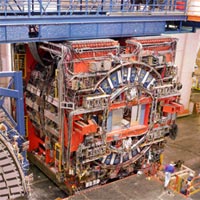 The CDF detector rolling out of the collision hall after discovering the Top Quark. <BR><BR>Image courtesy: Fermilab