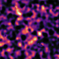 <p>This map of dark matter in the Universe was obtained from data from the KiDS survey, using the VLT Survey Telescope at ESO’s Paranal Observatory in Chile. It reveals an expansive web of dense (light) and empty (dark) regions. This image is one out of five patches of the sky observed by KiDS. Here the invisible dark matter is seen rendered in pink, covering an area of sky around 420 times the size of the full moon. This image reconstruction was made by analysing the light collected from over three million distant galaxies more than 6 billion light-years away. The observed galaxy images were warped by the gravitational pull of dark matter as the light travelled through the Universe.</p>

<p>Some small dark regions, with sharp boundaries, appear in this image. They are the locations of bright stars and other nearby objects that get in the way of the observations of more distant galaxies and are hence masked out in these maps as no weak-lensing signal can be measured in these areas.</p>

<p>Credit:</p>

<p>Kilo-Degree Survey Collaboration/H. Hildebrandt & B. Giblin/ESO</p>
